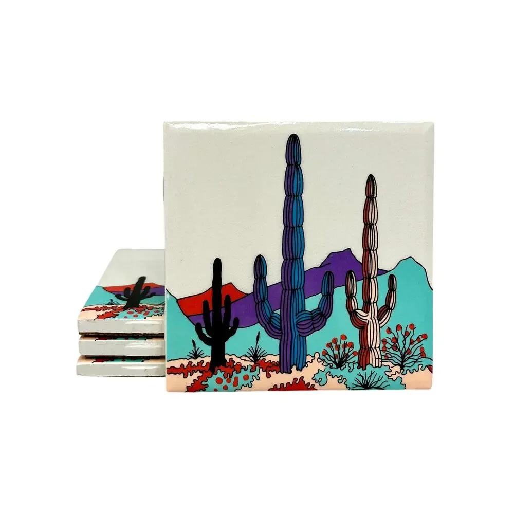 Set of 4 Colorful Desert Cactus Ceramic Tile Coaster Southwestern Boho Cork Back